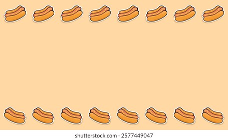 sausage. frame. Hot dog. an empty frame of hot dogs. fast food. delicious fast food. street food with sausage. vector. Beautiful food-themed pattern. meal. packaging for food products. bun.