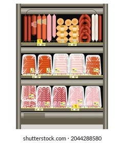 Sausage and frankfurters on the store counter in the refrigerator. Selling meat products in a tray. Vector illustration.