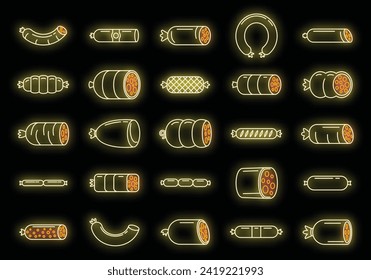 Sausage de iconos frescos. Conjunto de esquemas de salchicha iconos vectoriales frescos color de neón sobre negro