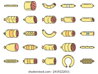 Sausage de iconos frescos. Conjunto de esquemas de salchicha iconos vectoriales frescos color de línea delgada plano sobre blanco