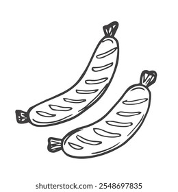 Sausage. Fried sausage with cuts. Sketch. Vector illustration. Juicy barbecue sausage. Coloring book for children. Outline on isolated background. Doodle style. Idea for web design.