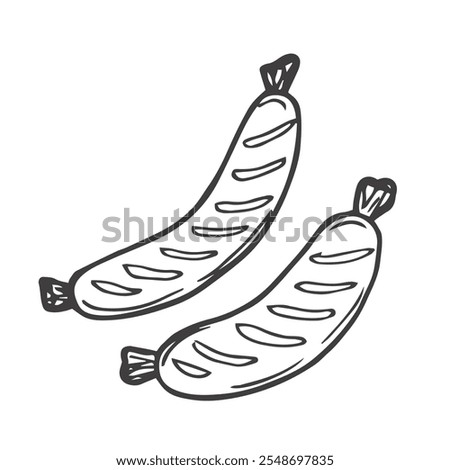 Sausage. Fried sausage with cuts. Sketch. Vector illustration. Juicy barbecue sausage. Coloring book for children. Outline on isolated background. Doodle style. Idea for web design.