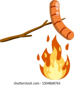 Sausage is fried on a stick over the fire.  roast meat diet. Food in the camp in the campaign. Barbecue and street food element. Cartoon flat illustration