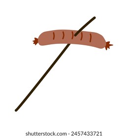 Sausage is fried on stick. Roast meat diet. Food in the camp in the campaign. Barbecue and street food element. Cartoon flat illustration for Hotdog, Picnic. Vector Object isolated on white for Logo