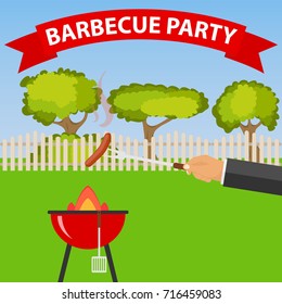 Sausage fry on the barbecue. The hand holds the fork with sausage over the grill. Barbecue party. Flat design, vector illustration, vector.