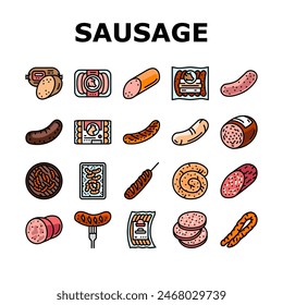 sausage grill barbecue pork icons set vector. bbq beef, bratwurst food, meat hot, fork cooked, meal german, roasted, fried smoke sausage grill barbecue pork color line illustrations