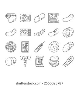 sausage grill barbecue pork icons set vector. bbq beef, bratwurst food, meat hot, fork cooked, meal german, roasted, fried smoke sausage grill barbecue pork black contour illustrations