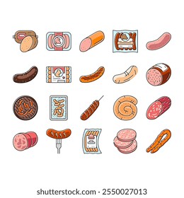 sausage grill barbecue pork icons set vector. bbq beef, bratwurst food, meat hot, fork cooked, meal german, roasted, fried smoke sausage grill barbecue pork color line illustrations