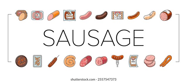 sausage grill barbecue pork icons set vector. bbq beef, bratwurst food, meat hot, fork cooked, meal german, roasted, fried smoke sausage grill barbecue pork color line illustrations