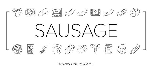 sausage grill barbecue pork icons set vector. bbq beef, bratwurst food, meat hot, fork cooked, meal german, roasted, fried smoke sausage grill barbecue pork black contour illustrations