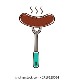 Sausage with grill fork vector illustration in colorful hand drawn style isolated on white background 