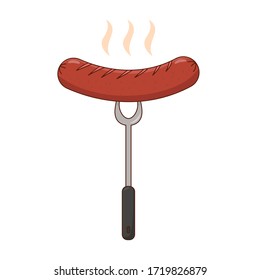 Sausage with grill fork vector illustration in cartoon style isolated on white background