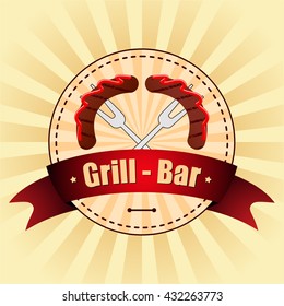 Sausage Grill Round logo on a light background with a red ribbon. Vector