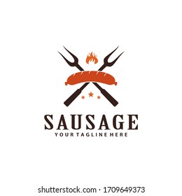 Sausage grill vintage logo design with crossed fork for restaurant logo