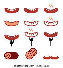 Sausage, grilled, with fork colorful icons set 