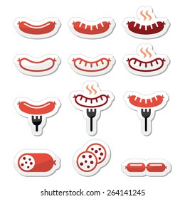 Sausage, grilled, with fork colorful icons set  