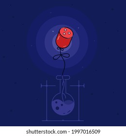 Salchicha cultivada en laboratorio a partir del matraz. Ilustración vectorial sobre fondo oscuro con un objeto iluminado.