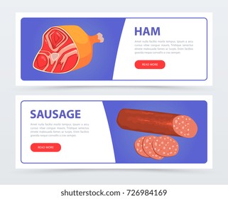 Sausage and ham horizontal banners with text set, label for meat or butcher shop products vector Illustrations