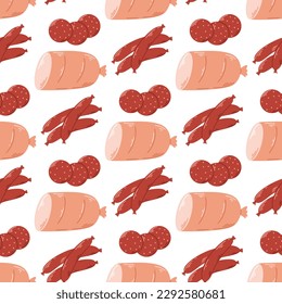 Sausage and ham seamless pattern. Background meat sausages. Print for packaging, shop, butcher shop, vector illustration