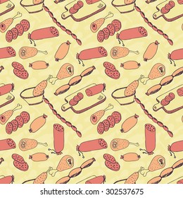 Sausage, ham. Seamless. sketch