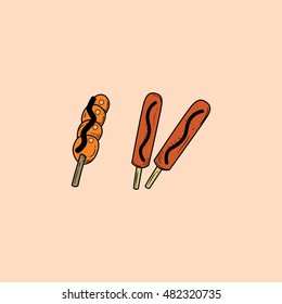 Sausage hand drawn objects and symbols with color. Sausage sketch cartoon style with color, vector illustration