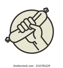 Sausage in hand icon or symbol isolated on white background, abstract vector illustration