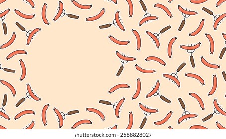 sausage. Hot dog. sausage frame. an empty space for the label. advertisement. The flyer. fast food. delicious fast food. street food with sausage. vector. Beautiful food-themed pattern.