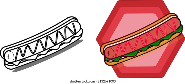 Sausage hot dog with hot sauce in two type of illustration, outline and color in red hexagon shape isolated, icon, symbol, logo