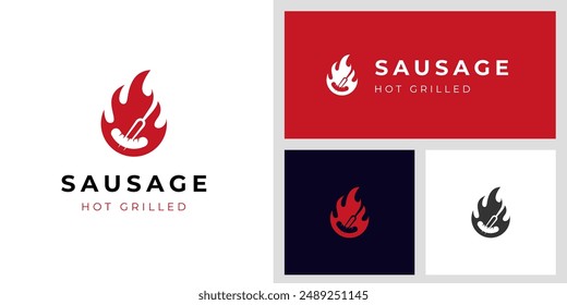 Sausage hot food logo icon design with fire graphic element symbol for barbecue grill party vector logo illustration