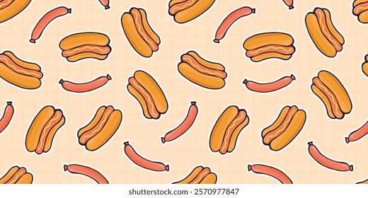 sausage. Hotdog. fast food. delicious fast food. street food with sausage. vector. A beautiful pattern on the theme of food. Seamless pattern. meal. packaging. bun.