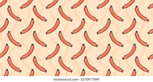 sausage. Hotdog. fast food. delicious fast food. street food with sausage. vector. A beautiful pattern on the theme of food. Seamless pattern. meal. packaging. bun.