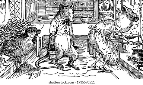 The sausage in human dress cooking food and mouse carrying two buckets, and bird carrying wood sticks on back in the house, vintage line drawing or engraving illustration