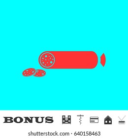 Sausage icon flat. Red pictogram on blue background. Vector illustration symbol and bonus buttons Music center, corkscrew, credit card, house, drum