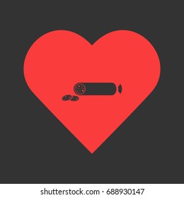 Sausage icon flat. Simple pictogram on heart background. Vector illustration symbol