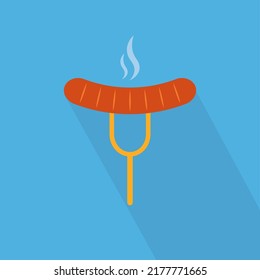 Sausage icon with long shadow. Grilled sausage on fork isolated on blue background. Street food icon. Fast food logo for menu cafeteria, pub, restaurant. Vector illustration in flat design