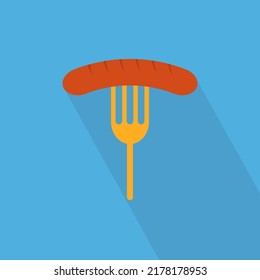 Sausage icon with long shadow. Grilled sausage on fork isolated on blue background. Street food icon. Fast food logo for menu cafeteria, pub, restaurant. Vector illustration in flat design