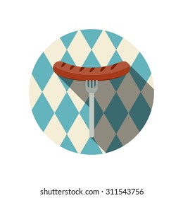 Sausage icon on background Bavarian flag. Vector flat illustration