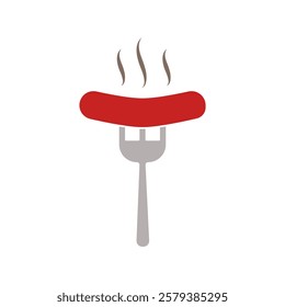 Sausage icon on fork, grilled sausages, simple flat style, pictogram logo symbol vector illustration, isolated on white for mobile app