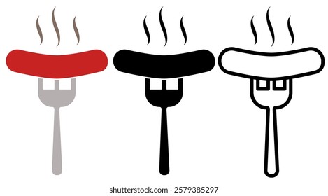 Sausage icon on fork, grilled sausages, simple flat style, pictogram logo symbol vector illustration, isolated on white for mobile app