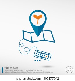 Sausage  icon and pin on the map. Line icons for application development, creative process. 
