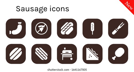 sausage icon set. 10 filled sausage icons. Included Sausage, No fast food, Hot dog, Corndog, Meat, Hotdog, Grill, Sandwich icons