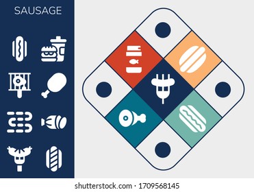 sausage icon set. 13 filled sausage icons. Included Sausage, Hot dog, Sausages, Salami, Bbq, Meat, Fast food, Fish food, Hotdog icons