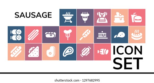  sausage icon set. 19 filled sausage icons. Simple modern icons about  - Barbecue, Salami, Hot dog, Sandwich, Meat, Sausage, Pancakes, Snack, Dirndl, Pancake, Fast food