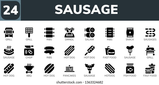 sausage icon set. 24 filled sausage icons.  Collection Of - Grill, Ribs, Dirndl, Salami, Snack, Sausages, Sausage, Chop, Hot dog, Fast food, Bbq, Pancakes, Hotdog, Fish food