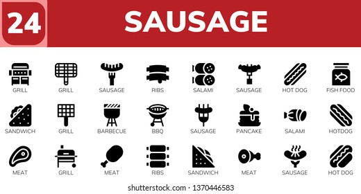 sausage icon set. 24 filled sausage icons.  Collection Of - Grill,  Ribs, Salami, Hot dog, Fish food, Sandwich, Barbecue, Bbq, Pancake, Hotdog, Meat