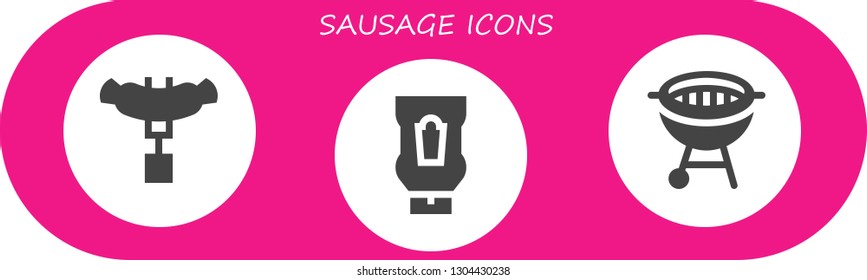 sausage icon set. 3 filled sausage icons.  Collection Of - Sausage, Ketchup, Bbq