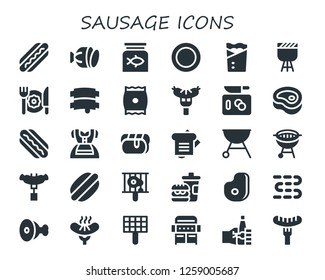 sausage icon set. 30 filled sausage icons. Simple modern icons about  - Hot dog, Salami, Fish food, Dish, Kebab, Barbecue, Breakfast, Ribs, Snack, Sausage, Chop, Meat, Hotdog