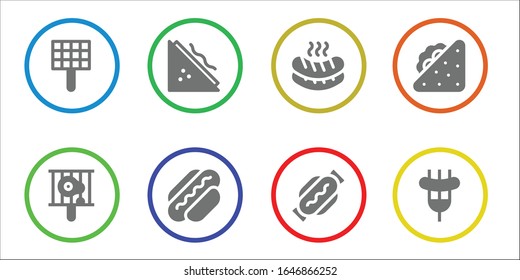 Wurstsymbol eingestellt. 8 gefüllte Würstensymbole.  Einfache, moderne Symbole wie: Grill, Bbq, Sandwich, Hot dog, Wurst