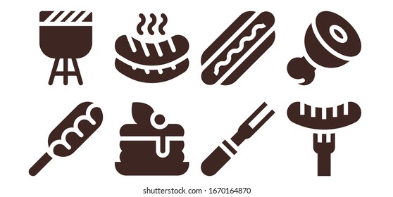sausage icon set. 8 filled sausage icons.  Simple modern icons such as: Hot dog, Barbecue, Pancake, Sausage, Meat