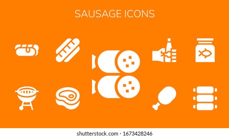 sausage icon set. 9 filled sausage icons. Included Salami, Meat, Hot dog, Bbq, Ribs, Fish food, Oktoberfest icons